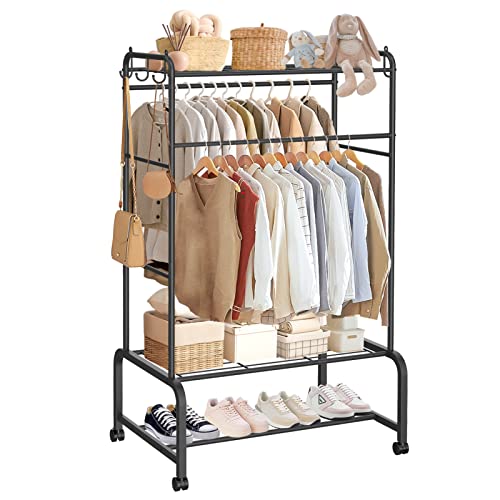 PouHenier.jh Clothing Racks on Wheels for Hanging Clothes with Coat Hook, Upgrade Heavy Duty Rolling Rack for Clothes Organizer, Freestanding Double Rod Metal Garment Rack with Shelves(Black)…