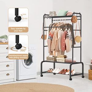 PouHenier.jh Clothing Racks on Wheels for Hanging Clothes with Coat Hook, Upgrade Heavy Duty Rolling Rack for Clothes Organizer, Freestanding Double Rod Metal Garment Rack with Shelves(Black)…