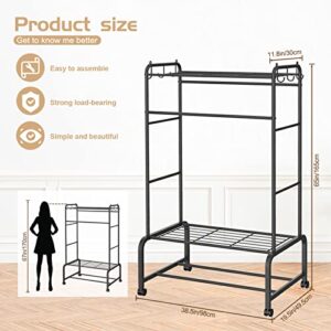 PouHenier.jh Clothing Racks on Wheels for Hanging Clothes with Coat Hook, Upgrade Heavy Duty Rolling Rack for Clothes Organizer, Freestanding Double Rod Metal Garment Rack with Shelves(Black)…