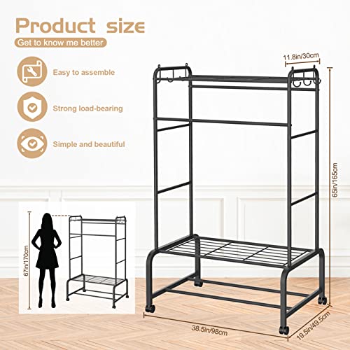 PouHenier.jh Clothing Racks on Wheels for Hanging Clothes with Coat Hook, Upgrade Heavy Duty Rolling Rack for Clothes Organizer, Freestanding Double Rod Metal Garment Rack with Shelves(Black)…