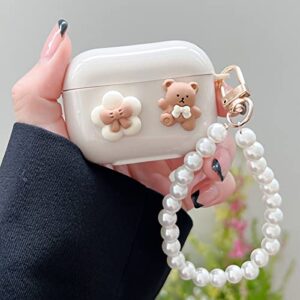 compatible with airpod pro case cute kawaii airpods pro case cute airpod pro cases cover silicone airpods pros case bear design with pearl keychain for girls women(airpods pro case)