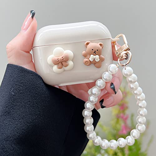 Compatible with AirPod Pro Case Cute Kawaii Airpods Pro Case Cute Airpod Pro Cases Cover Silicone Airpods Pros Case Bear Design with Pearl Keychain for Girls Women(AirPods Pro Case)