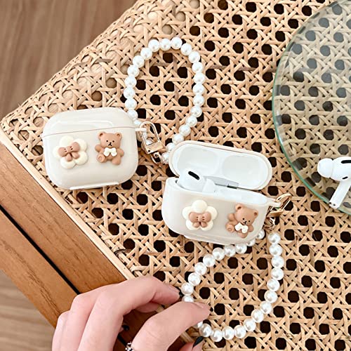 Compatible with AirPod Pro Case Cute Kawaii Airpods Pro Case Cute Airpod Pro Cases Cover Silicone Airpods Pros Case Bear Design with Pearl Keychain for Girls Women(AirPods Pro Case)