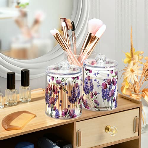 2 Pack Qtip Holder Dispenser for Cotton Ball Purple Lavender on White Cotton Swab Cotton Round Pads Clear Plastic Acrylic Jar Set Bathroom Canister