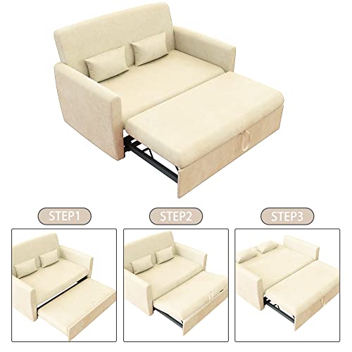 MIYZEAL 55'' Convertible Sleeper Sofa Bed, Velvet Loveseat Sofa with Pull-Out Bed, 2 Seater Couch Bed with Adjustable Backrest, Pull Out Lounge Chaise with 2 Pillows Office (Beige)