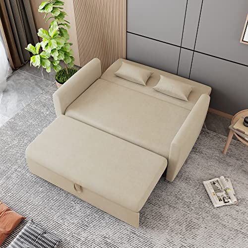 MIYZEAL 55'' Convertible Sleeper Sofa Bed, Velvet Loveseat Sofa with Pull-Out Bed, 2 Seater Couch Bed with Adjustable Backrest, Pull Out Lounge Chaise with 2 Pillows Office (Beige)