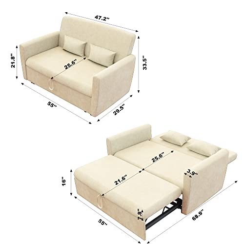 MIYZEAL 55'' Convertible Sleeper Sofa Bed, Velvet Loveseat Sofa with Pull-Out Bed, 2 Seater Couch Bed with Adjustable Backrest, Pull Out Lounge Chaise with 2 Pillows Office (Beige)