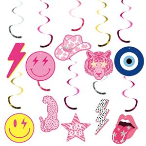 aellasnervalt 30pcs preppy y2k hot pink party swirl smile face lightning ceiling hanging swirls lips leopard whirl streamers decorations for teen girls birthday bachelorette early 2000s theme party