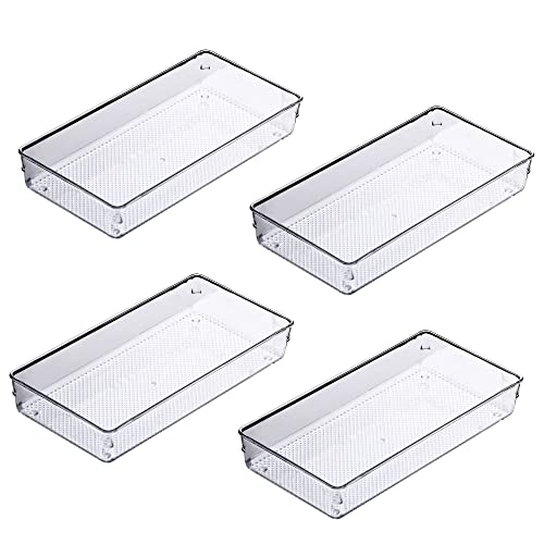 YFEEN 4Pack Large Size Clear Plastic Desk Drawer Dividers Drawer Organizer Wide Tray for Makeup,Kitchen Utensils,Jewelries and Gadgets 12’’x6’’