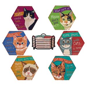 onenax drink coaster with holder, 7 pcs set beverage coaster, cat pattern hexagon style coaster for tabletop protection, ceramic top and cork backing. gift idea
