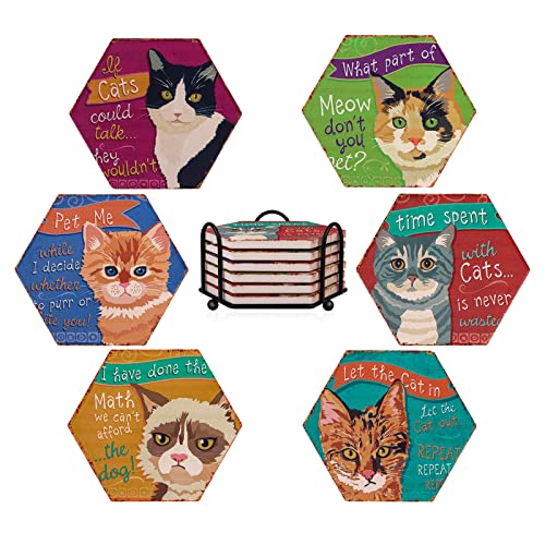 ONENAX Drink Coaster with Holder, 7 Pcs Set Beverage Coaster, Cat Pattern Hexagon Style Coaster for Tabletop Protection, Ceramic Top and Cork Backing. Gift Idea