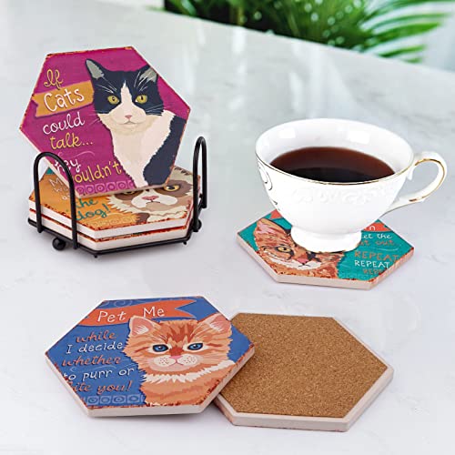 ONENAX Drink Coaster with Holder, 7 Pcs Set Beverage Coaster, Cat Pattern Hexagon Style Coaster for Tabletop Protection, Ceramic Top and Cork Backing. Gift Idea
