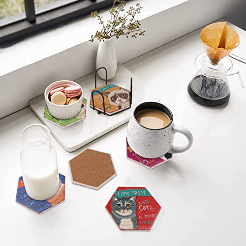 ONENAX Drink Coaster with Holder, 7 Pcs Set Beverage Coaster, Cat Pattern Hexagon Style Coaster for Tabletop Protection, Ceramic Top and Cork Backing. Gift Idea