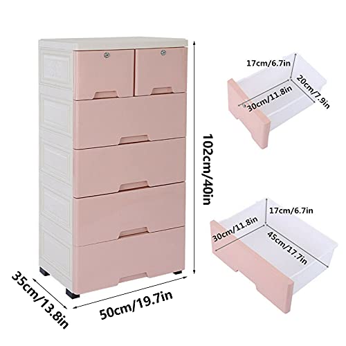 TOOL1SHOoo Cabinet Dresser Furniture Storage Drawer Chest Organizer Closet Plastic Drawers Clothes Organizer Tower Cabinet Bedroom Chest of Organizer 6 Drawers 4 Wheels (Pink)