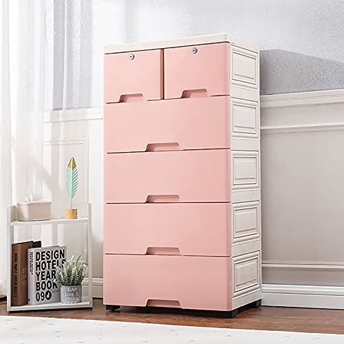 TOOL1SHOoo Cabinet Dresser Furniture Storage Drawer Chest Organizer Closet Plastic Drawers Clothes Organizer Tower Cabinet Bedroom Chest of Organizer 6 Drawers 4 Wheels (Pink)