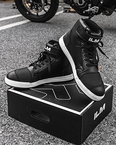 ILM Motorcycle Shoes for Men Black Waterproof Street Riding Protective Gear Breathable Powersport Anti-Slip Footwear with Ankle Support, Shift pad (Black,10.5)