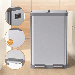 Mbillion Trash Can 5.3+5.3Gal, Kitchen Garbage Can with 2 Compartments,Large Stainless Steel Recycle Trash Can with 2 Removable Plastic Inner Buckets, Quiet Close Step Trash Can(20+20L Silver)