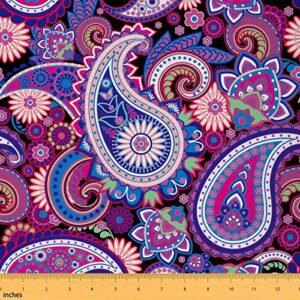 paisley upholstery fabric, boho floral fabric by the yard, mandala exotic ethnic decorative fabric, bohemian waterproof outdoor fabric, diy art upholstery and home accents, purple pink, 2 yards