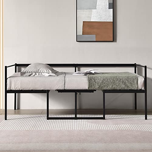 FULLJOJOR Twin Size Metal Daybed, Adjustable Sofa Bed Day Bed with Metal Slats and Convertible Built-in-Desk, No Box Spring Needed