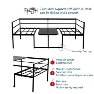 FULLJOJOR Twin Size Metal Daybed, Adjustable Sofa Bed Day Bed with Metal Slats and Convertible Built-in-Desk, No Box Spring Needed