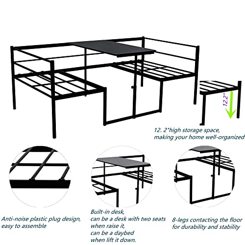 FULLJOJOR Twin Size Metal Daybed, Adjustable Sofa Bed Day Bed with Metal Slats and Convertible Built-in-Desk, No Box Spring Needed