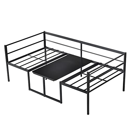 FULLJOJOR Twin Size Metal Daybed, Adjustable Sofa Bed Day Bed with Metal Slats and Convertible Built-in-Desk, No Box Spring Needed