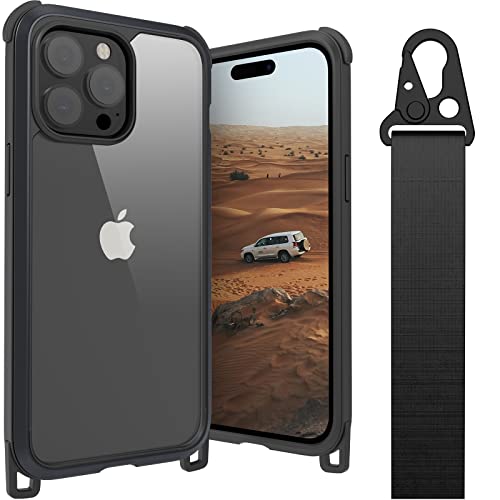 MAGEASY Protective iPhone 14 Pro Max Case with Strap 6.7" - 16ft Drop Tested Protective iPhone 14 Pro Max Case with Crossbody Lanyard - Odyssey+ (6.7", 3 Lens) (Metal Frame, Mystery Black)