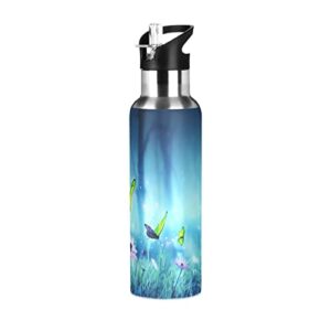 kigai beautiful butterfly and flower water bottle, outdoor sports bottle with wide mouth straw lid, stainless steel double wall vacuum insulated flask for school gym 34 oz