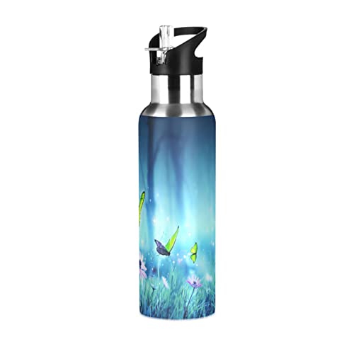 Kigai Beautiful Butterfly and Flower Water Bottle, Outdoor Sports Bottle With Wide Mouth Straw Lid, Stainless Steel Double Wall Vacuum Insulated Flask for School Gym 34 oz