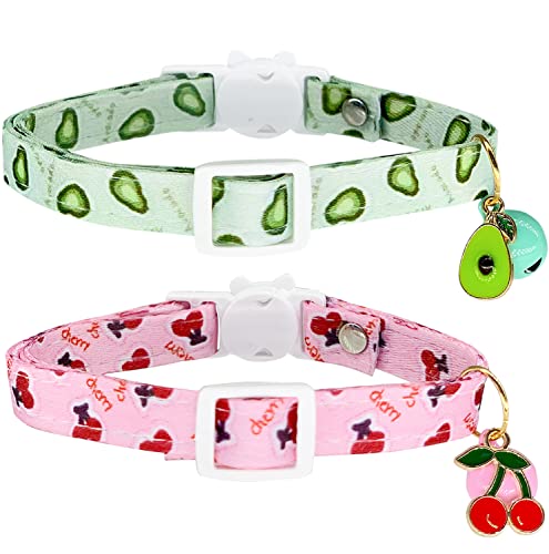 Tyeoo Cat Collars Breakaway with Bell - 2 Pack Cat Safety Collars for Boys & Girls Cats- Safety Buckle Kitten Collar Avocado Cherry Fruit Style Kitty Collars (Green & Cherry)