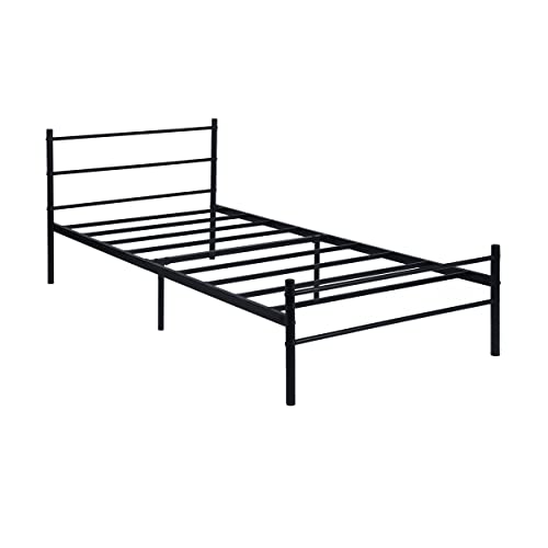 FurnitureR Bed Frame No Box Spring Needed Twin Size Bed Frames for Teens/Adults, Modern Simple Style Platform Mattress Foundation Upgraded Metal Bed with Storage/Headboard/Footbaord, Black