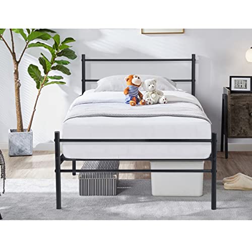 FurnitureR Bed Frame No Box Spring Needed Twin Size Bed Frames for Teens/Adults, Modern Simple Style Platform Mattress Foundation Upgraded Metal Bed with Storage/Headboard/Footbaord, Black