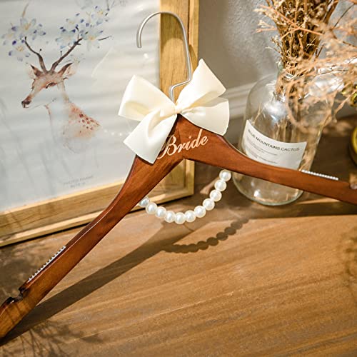 Kemozaka Bride to Be Wedding Dress Hanger, Bridal Hanger, Wedding Gift, Brown Wooden Hanger with Pearls and Bow for Brides Gowns, Bridal Party Shower Gift. Mrs Hanger