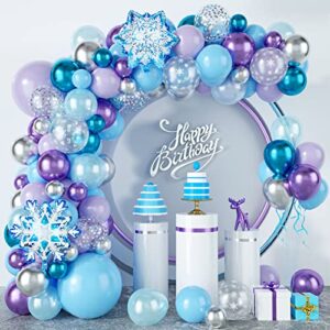snowflake balloon garland arch kit 94pcs frozen birthday party decorations metallic blue purple silver snowflake foil balloon for winter wonderland, christmas, holiday, baby shower, snow princess girl