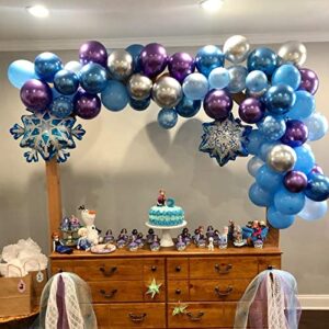 Snowflake Balloon Garland Arch Kit 94Pcs Frozen Birthday Party Decorations Metallic Blue Purple Silver Snowflake Foil Balloon for Winter Wonderland, Christmas, Holiday, Baby Shower, Snow Princess Girl