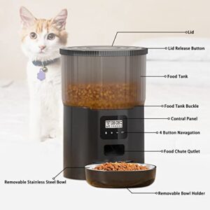 Automatic Cat Feeder, WHDPETS Pet Dry Food Dispenserr for Cats and Dogs, Timed Cat Feeder with Desiccant Bag, Dual Power Supply, 10s Voice Recorder, Black