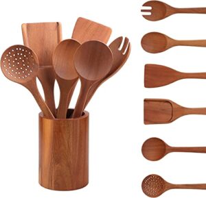 acacia wooden utensils for cooking 7 pieces,wooden kitchen utensil set with matching holder for non-stick