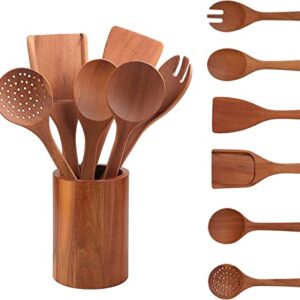 Acacia Wooden Utensils for Cooking 7 Pieces,Wooden kitchen Utensil Set with Matching Holder For Non-stick