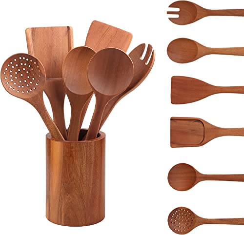 Acacia Wooden Utensils for Cooking 7 Pieces,Wooden kitchen Utensil Set with Matching Holder For Non-stick