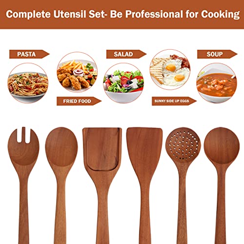 Acacia Wooden Utensils for Cooking 7 Pieces,Wooden kitchen Utensil Set with Matching Holder For Non-stick