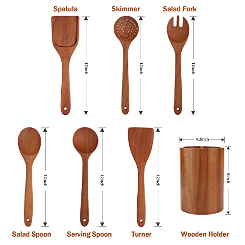 Acacia Wooden Utensils for Cooking 7 Pieces,Wooden kitchen Utensil Set with Matching Holder For Non-stick