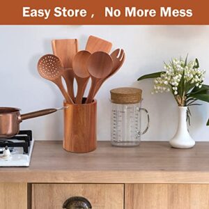 Acacia Wooden Utensils for Cooking 7 Pieces,Wooden kitchen Utensil Set with Matching Holder For Non-stick