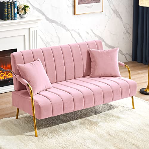 Yoluckea Modern Velvet Loveseat Sofa 60" Upholstered Small Sofa Couch with 2 Pillows & Gold Metal Legs Contemporary Living Room 2-Seat Sofa Love Seat for Dorm Apartment Small Space -Pink