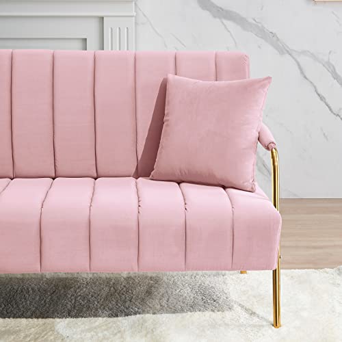 Yoluckea Modern Velvet Loveseat Sofa 60" Upholstered Small Sofa Couch with 2 Pillows & Gold Metal Legs Contemporary Living Room 2-Seat Sofa Love Seat for Dorm Apartment Small Space -Pink