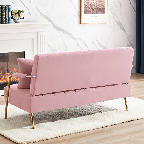 Yoluckea Modern Velvet Loveseat Sofa 60" Upholstered Small Sofa Couch with 2 Pillows & Gold Metal Legs Contemporary Living Room 2-Seat Sofa Love Seat for Dorm Apartment Small Space -Pink