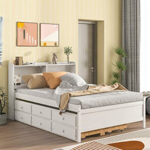 bellemave full bed with trundle & storage drawers wood captain's bed frame with bookcase headboard & slat support for kids boys girls teens, full size, white