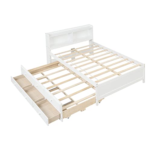 Bellemave Full Bed with Trundle & Storage Drawers Wood Captain's Bed Frame with Bookcase Headboard & Slat Support for Kids Boys Girls Teens, Full Size, White