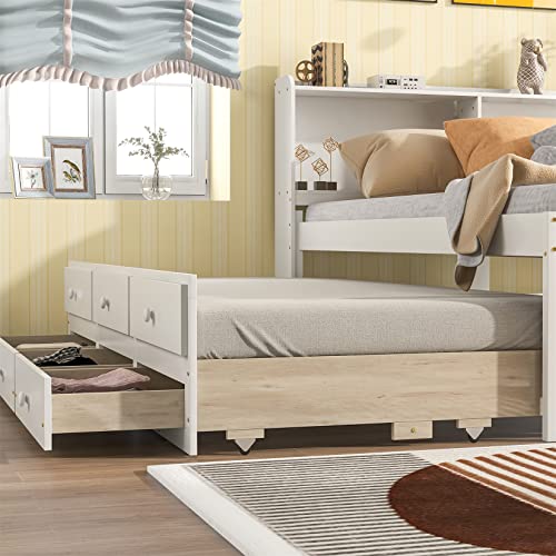 Bellemave Full Bed with Trundle & Storage Drawers Wood Captain's Bed Frame with Bookcase Headboard & Slat Support for Kids Boys Girls Teens, Full Size, White