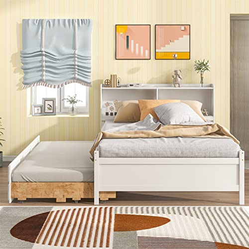 Bellemave Full Bed with Trundle & Storage Drawers Wood Captain's Bed Frame with Bookcase Headboard & Slat Support for Kids Boys Girls Teens, Full Size, White