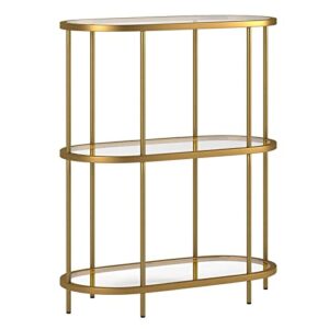 pemberly row mid-century metal bookcase with glass shelves in brass